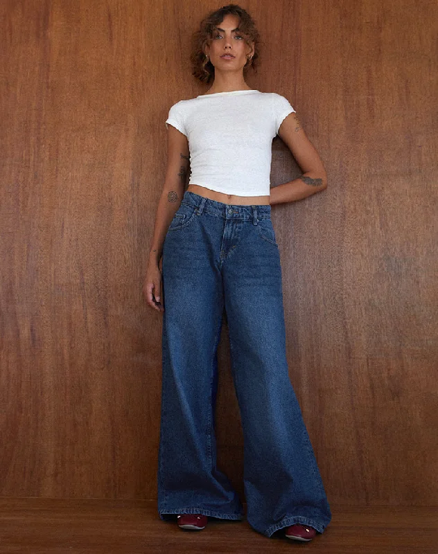 Roomy Oversized Low Rise Jeans in Mid Blue Used