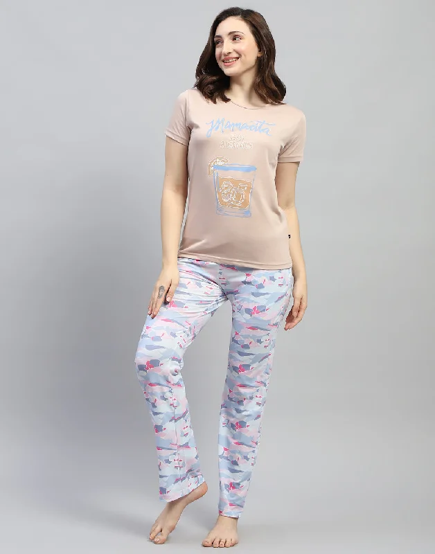 Women Beige Printed Round Neck Half Sleeve Lower Set