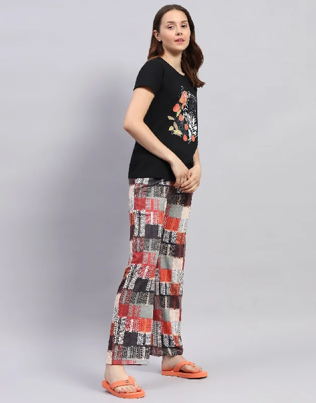 Women Black Printed Round Neck Half Sleeve Lower Set