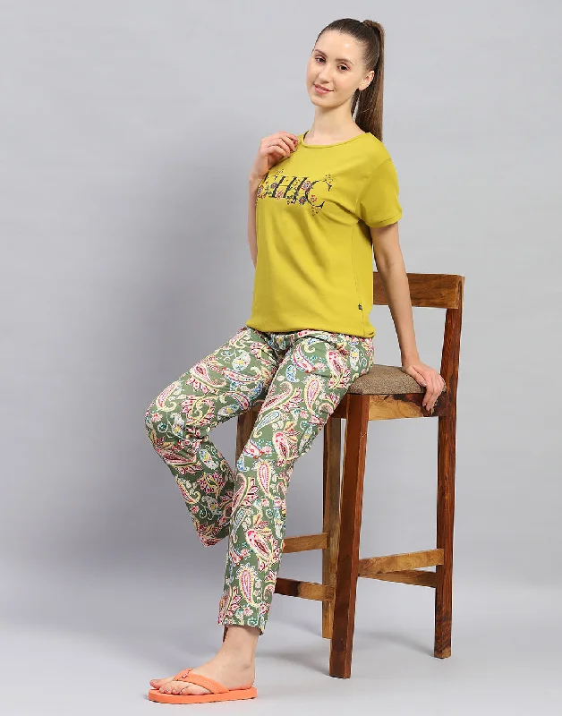 Women Mustard Printed Round Neck Half Sleeve Lower Set