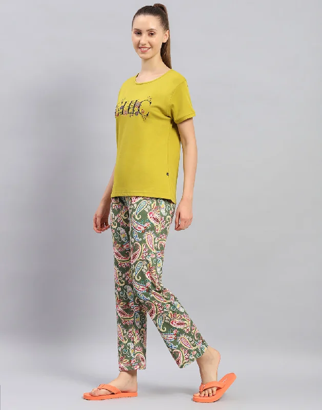 Women Mustard Printed Round Neck Half Sleeve Lower Set