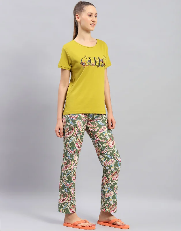 Women Mustard Printed Round Neck Half Sleeve Lower Set