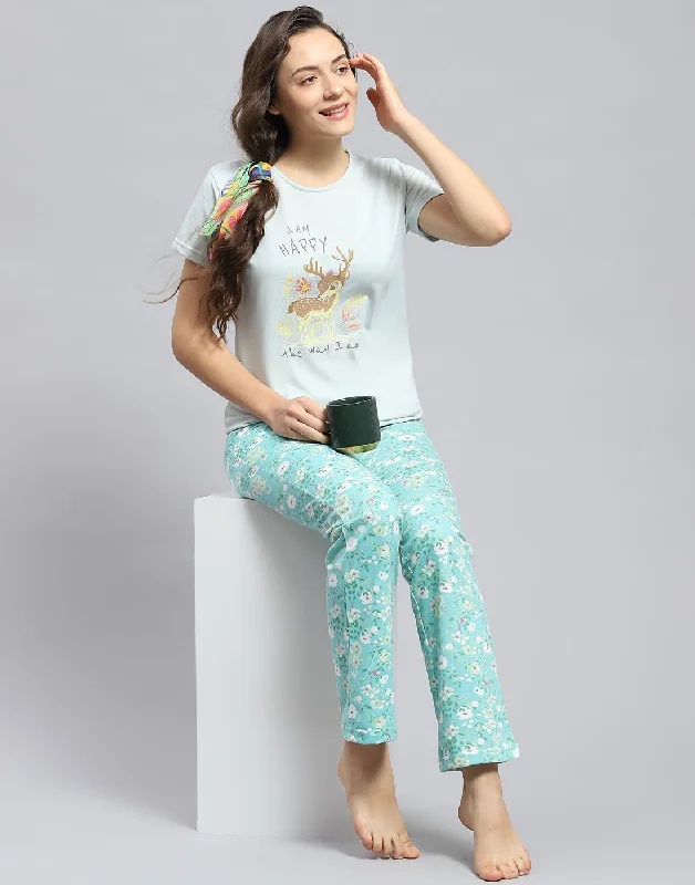 Women Sea Green Printed Round Neck Half Sleeve Lower Set