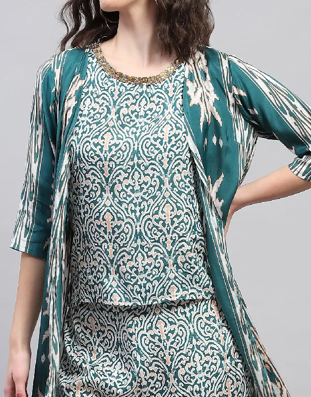 Women Teal Blue Printed Round Neck Half Sleeve Combo 3Pc Set