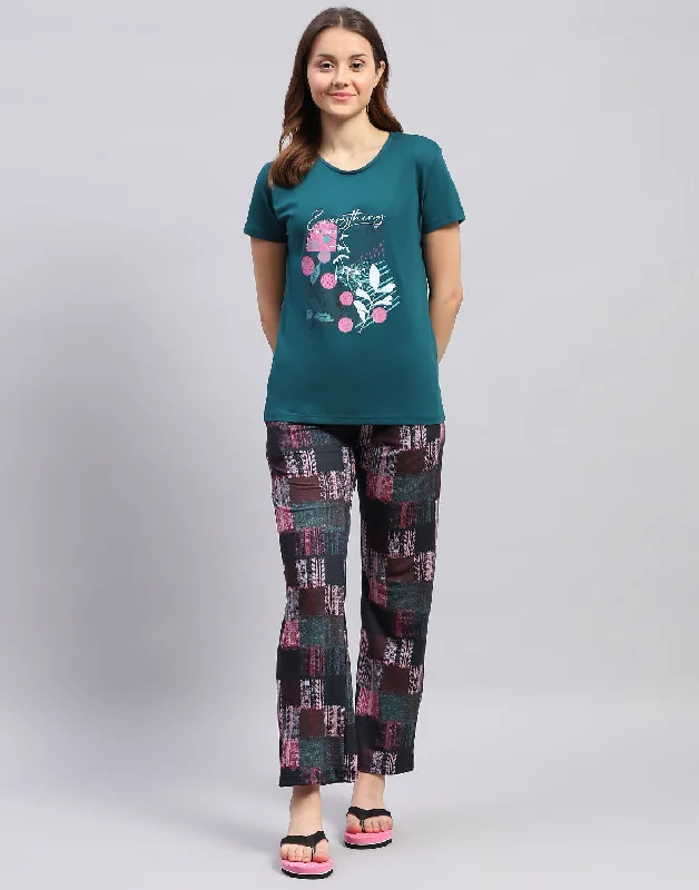 Women Teal Blue Printed Round Neck Half Sleeve Lower Set