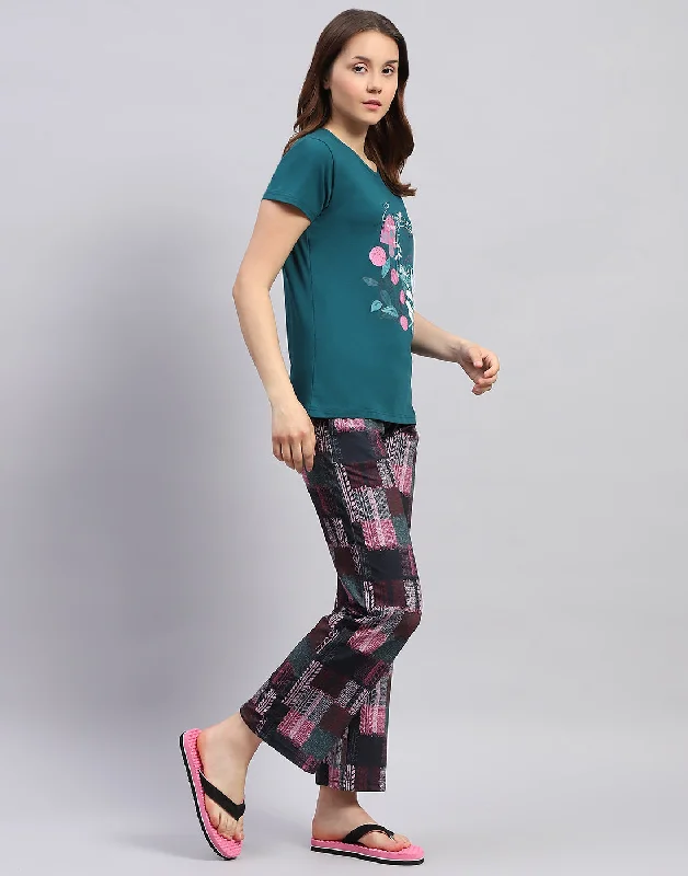 Women Teal Blue Printed Round Neck Half Sleeve Lower Set