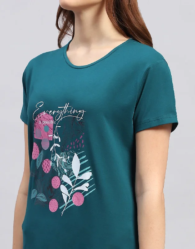 Women Teal Blue Printed Round Neck Half Sleeve Lower Set