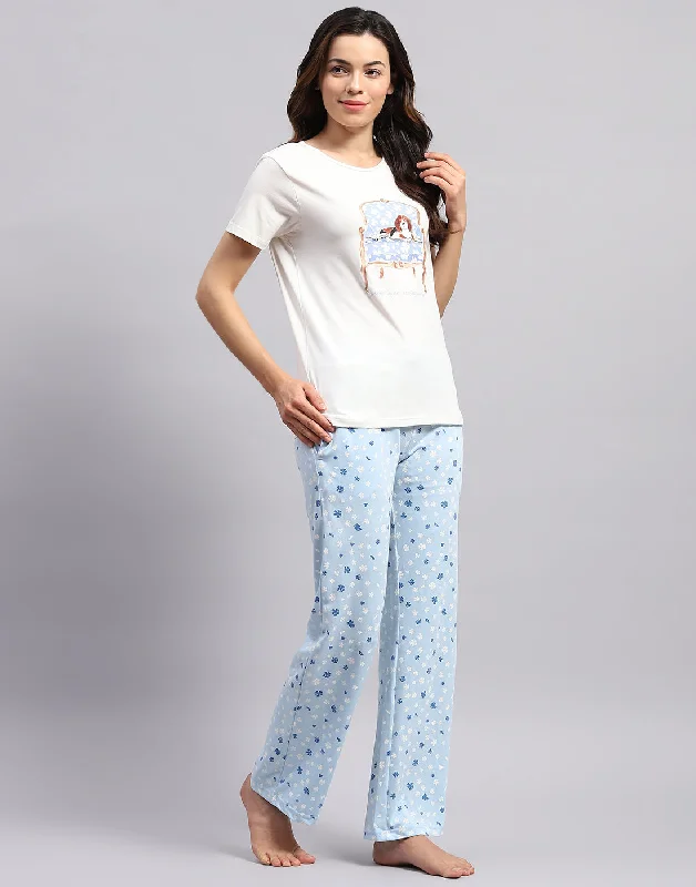 Women White & Sky Blue Printed Round Neck Half Sleeve Lower Set