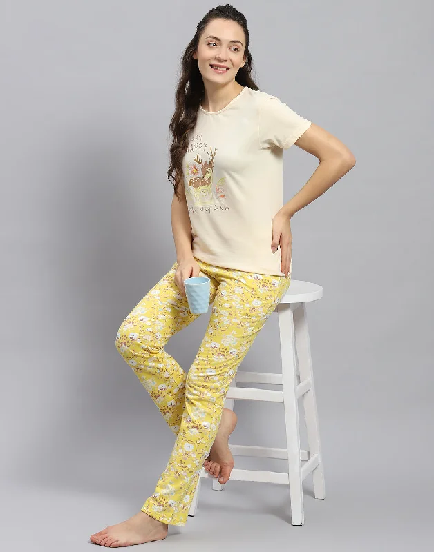 Women Yellow Printed Round Neck Half Sleeve Lower Set