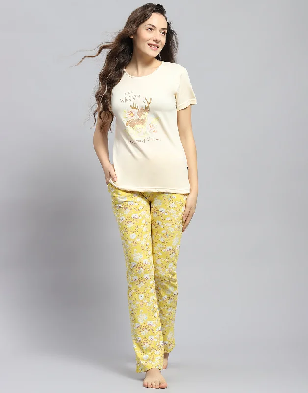 Women Yellow Printed Round Neck Half Sleeve Lower Set