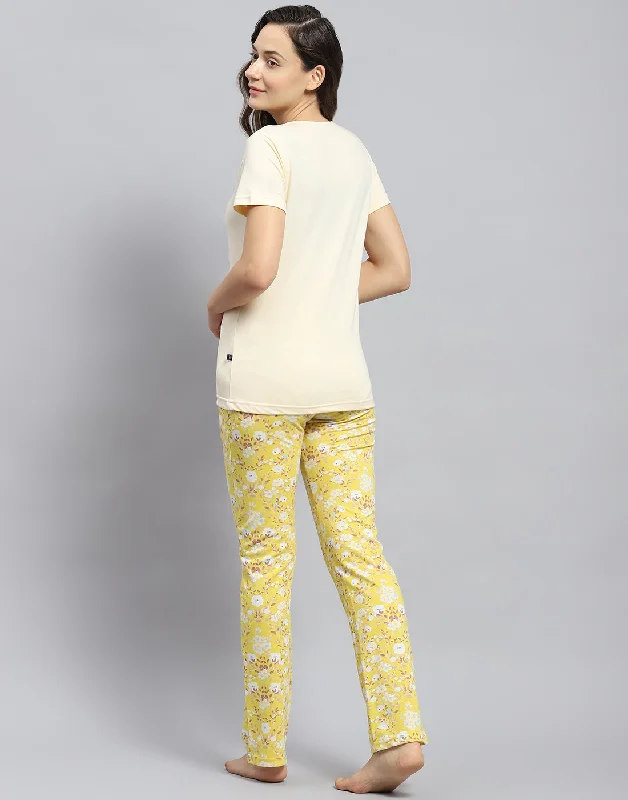 Women Yellow Printed Round Neck Half Sleeve Lower Set