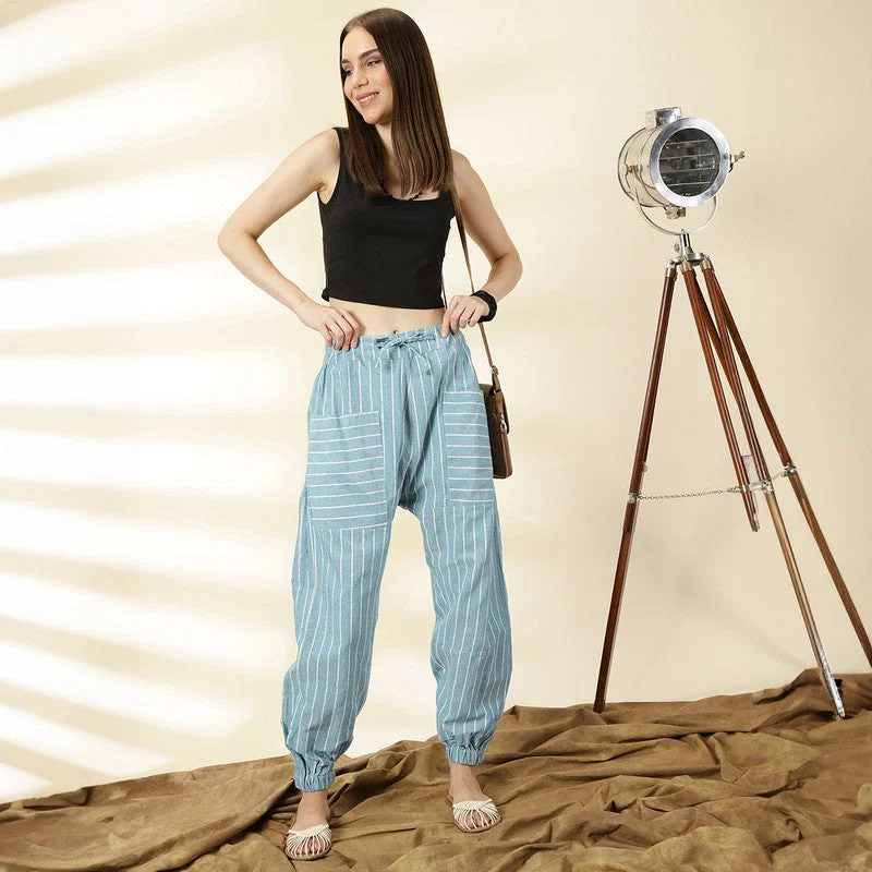 Cotton Jogger Pants for Women | Blue | Front Pocket | Stripes