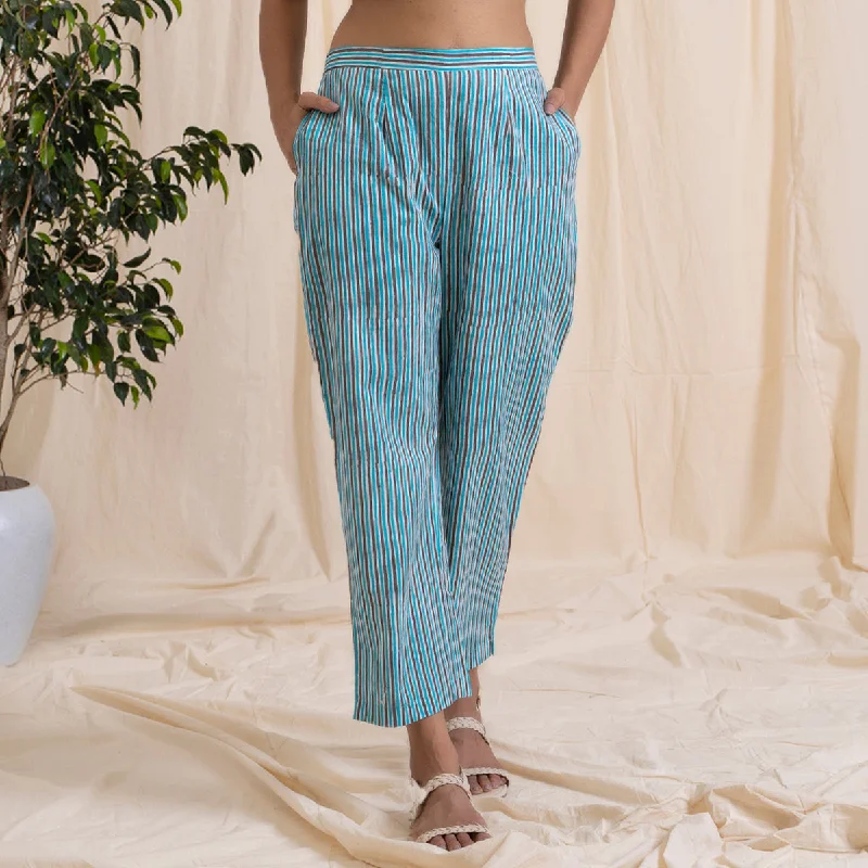 Cotton Straight Pajama Pants | Striped | Blue