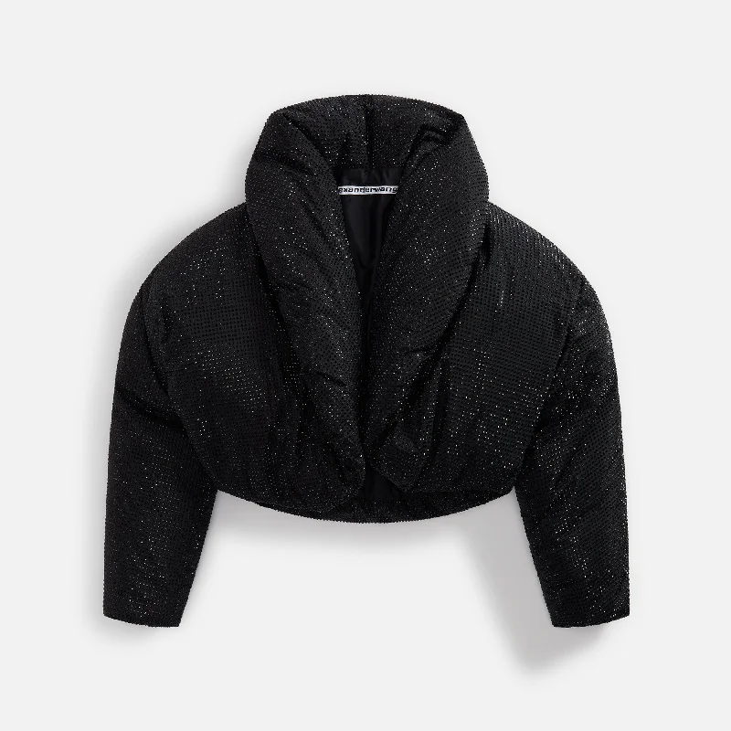 Alexander Wang Cropped Puffer Jacket with Allover Crystal Hotfix - Black