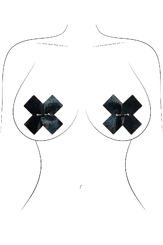 Cross Me Plus Size Vinyl Faux Pierced Nipple Pasties - Black