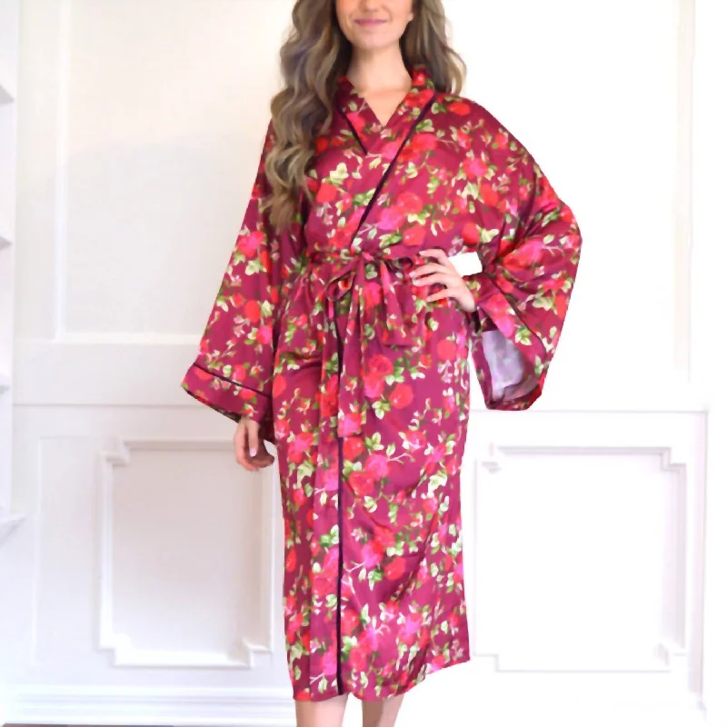 Floral Satin Robe In Burgundy