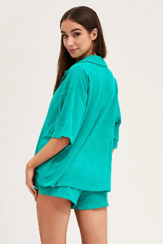 Green Lounge Top Short Sleeve Oversized Terry