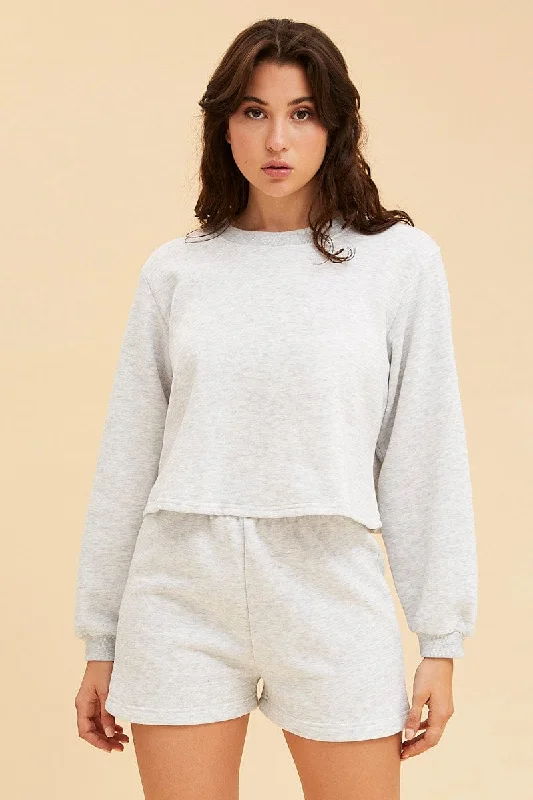 Grey Cropped Sweat Bell Sleeve Crew Neck Relaxed Fit