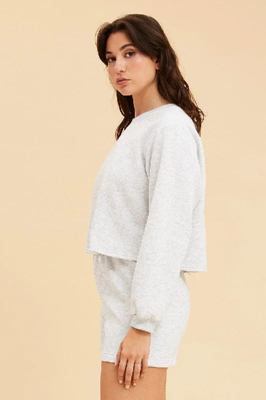 Grey Cropped Sweat Bell Sleeve Crew Neck Relaxed Fit