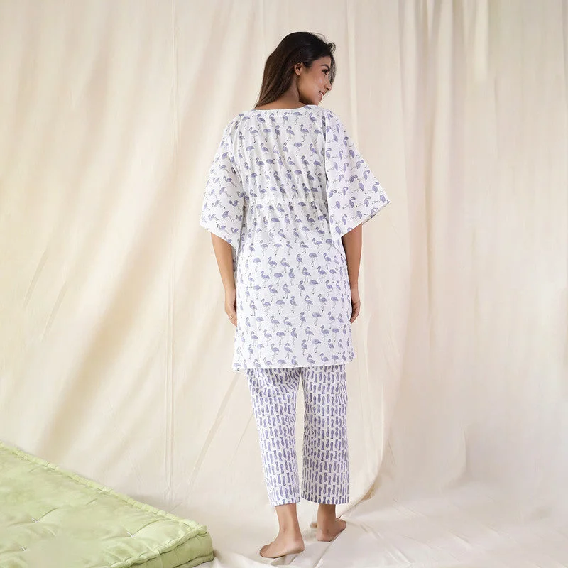 Cotton Kaftan Set | Flamingo Print | White