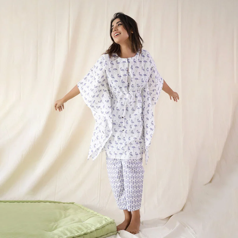 Cotton Kaftan Set | Flamingo Print | White