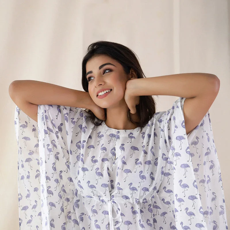 Cotton Kaftan Set | Flamingo Print | White