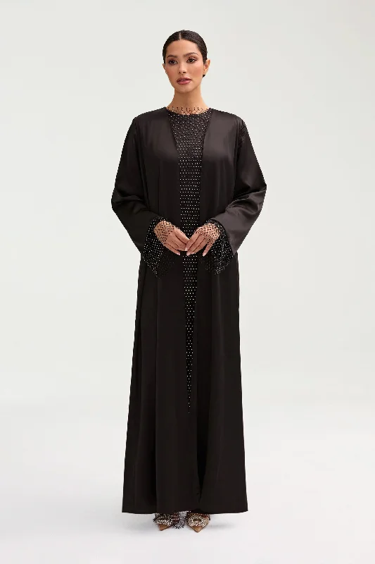 Lyana Crystal Mesh Satin Abaya - Black