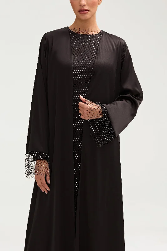 Lyana Crystal Mesh Satin Abaya - Black