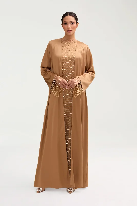 Lyana Crystal Mesh Satin Abaya - Champagne