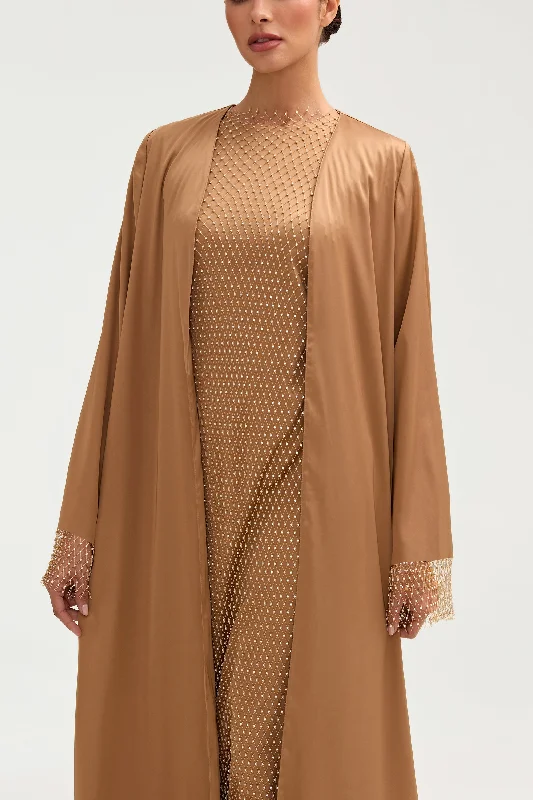 Lyana Crystal Mesh Satin Abaya - Champagne