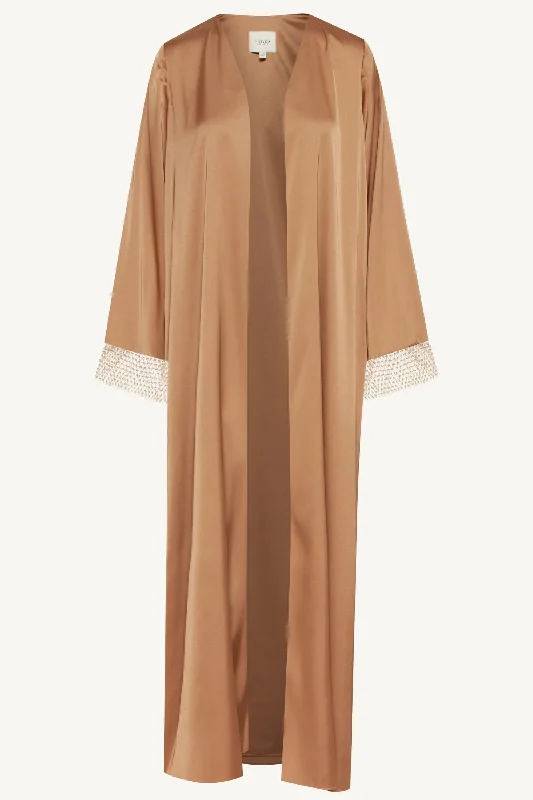 Lyana Crystal Mesh Satin Abaya - Champagne