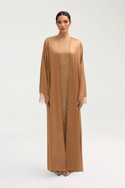 Lyana Crystal Mesh Satin Abaya - Champagne