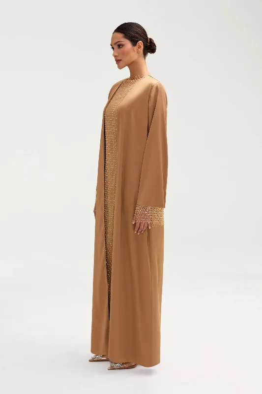 Lyana Crystal Mesh Satin Abaya - Champagne