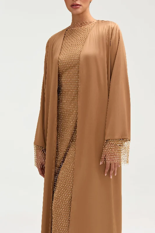 Lyana Crystal Mesh Satin Abaya - Champagne