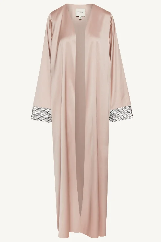 Lyana Crystal Mesh Satin Abaya - Pink Jasmine