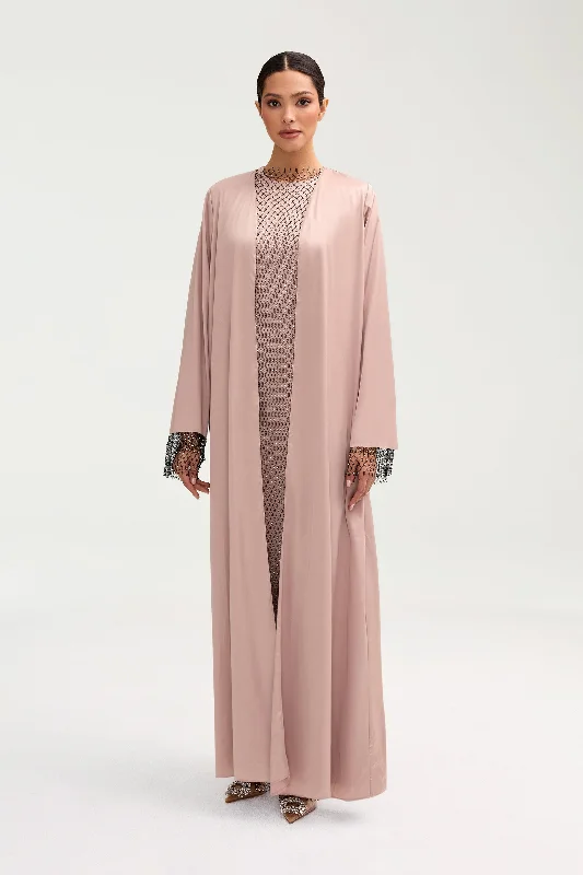 Lyana Crystal Mesh Satin Abaya - Pink Jasmine