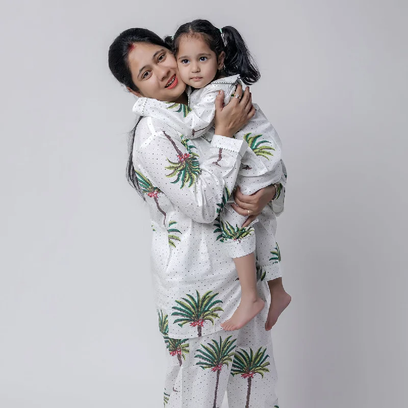 Cotton Pyjama Set For Women | Coconut Tree Print | White & Green