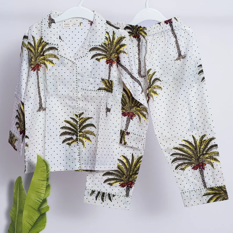 Cotton Pyjama Set For Women | Coconut Tree Print | White & Green