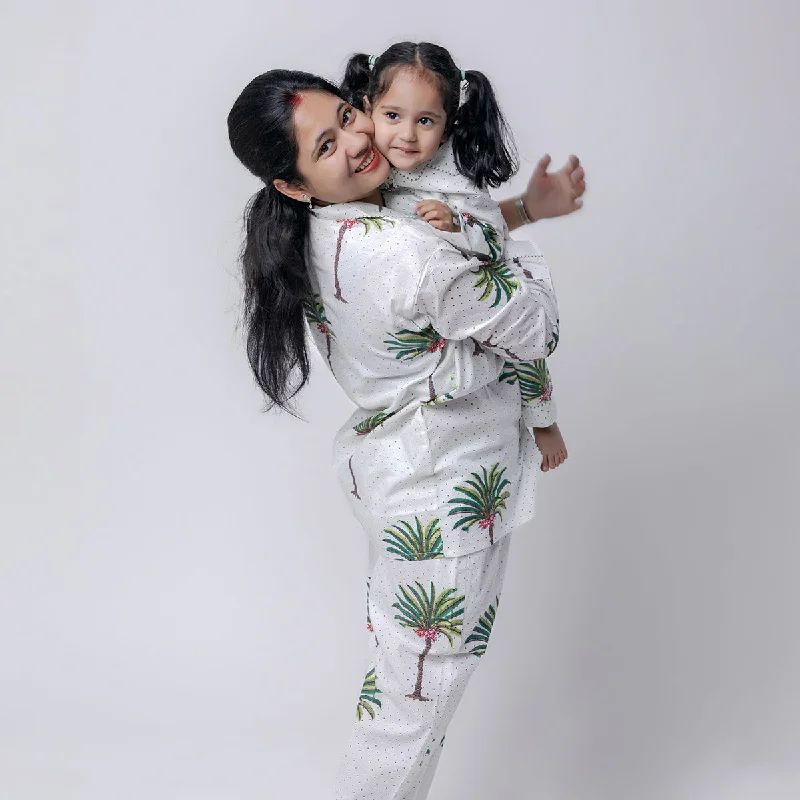 Cotton Pyjama Set For Women | Coconut Tree Print | White & Green