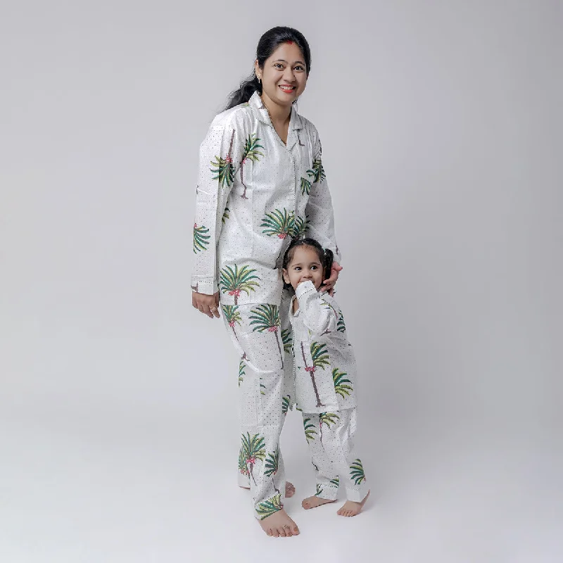 Cotton Pyjama Set For Women | Coconut Tree Print | White & Green