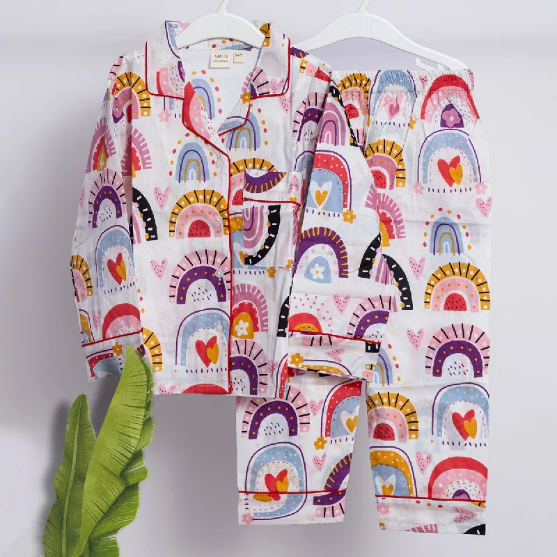 Cotton Pyjama Set For Women | Rainbow Print | White