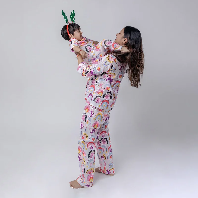 Cotton Pyjama Set For Women | Rainbow Print | White