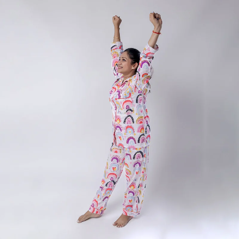 Cotton Pyjama Set For Women | Rainbow Print | White