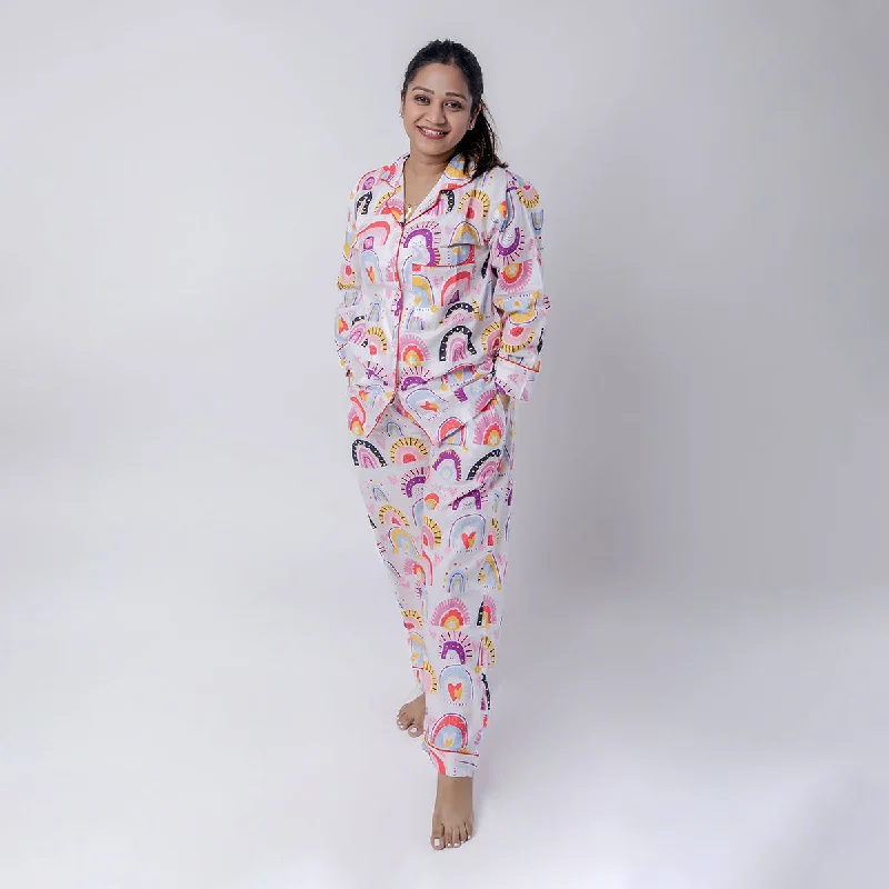 Cotton Pyjama Set For Women | Rainbow Print | White