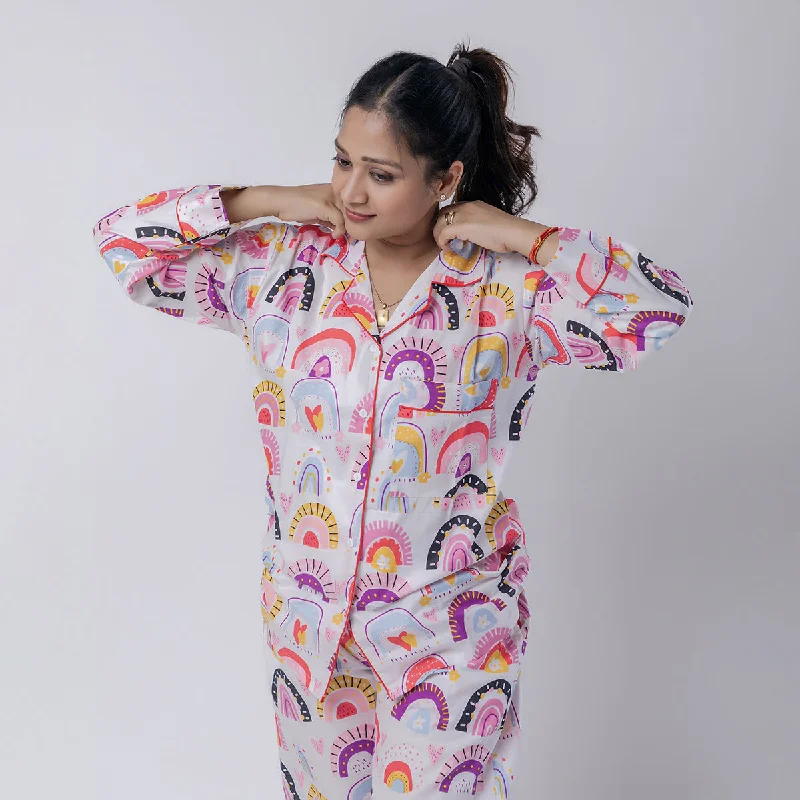 Cotton Pyjama Set For Women | Rainbow Print | White