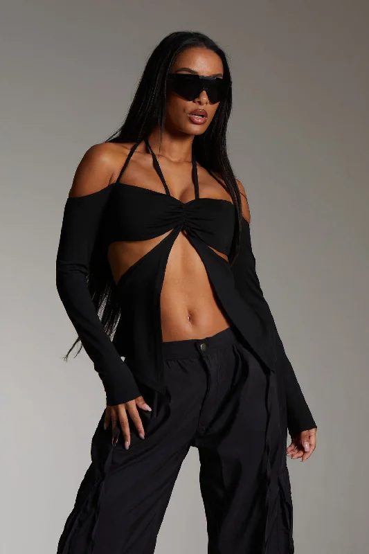 OFF SHOULDER CUT OUT TOP IN DEEP BLACK