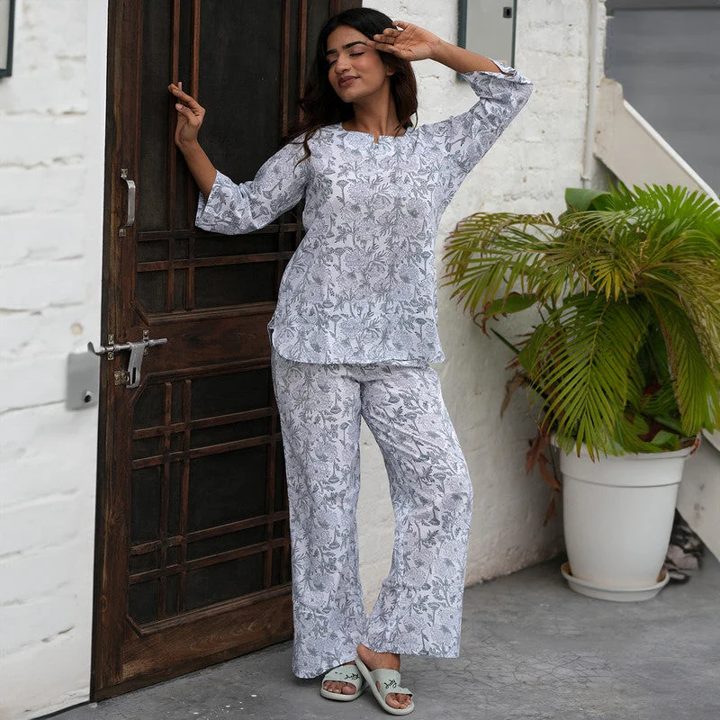 Cotton Night Suit for Women | Block Printed | White