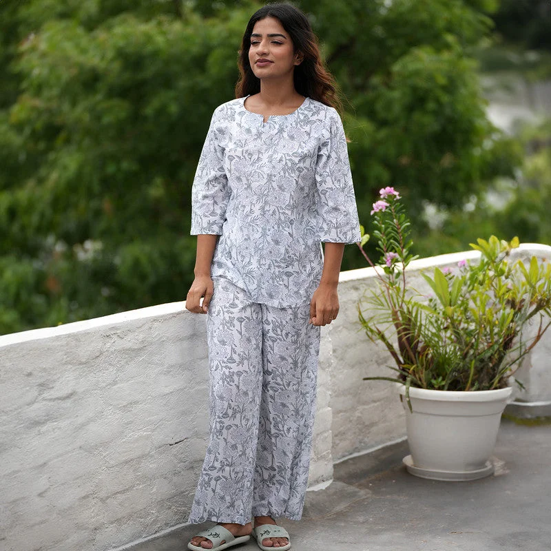 Cotton Night Suit for Women | Block Printed | White