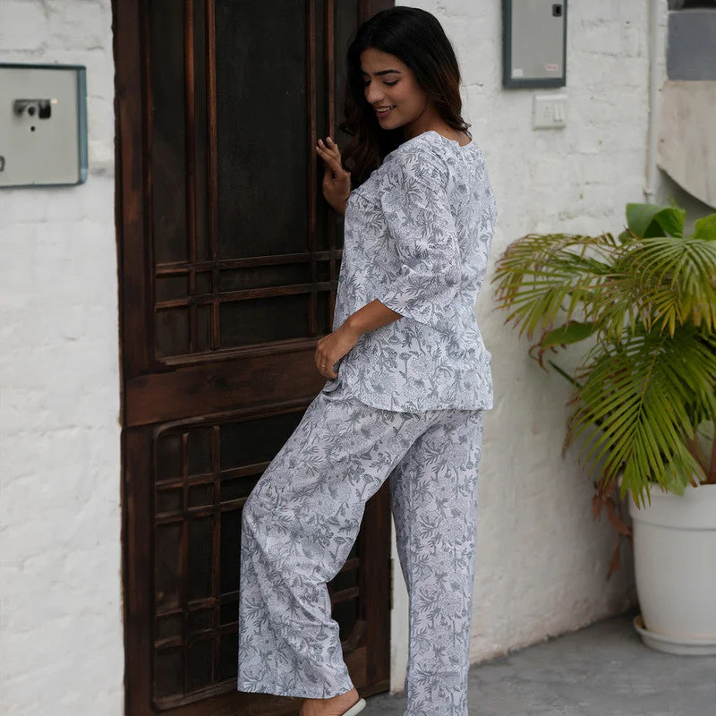 Cotton Night Suit for Women | Block Printed | White