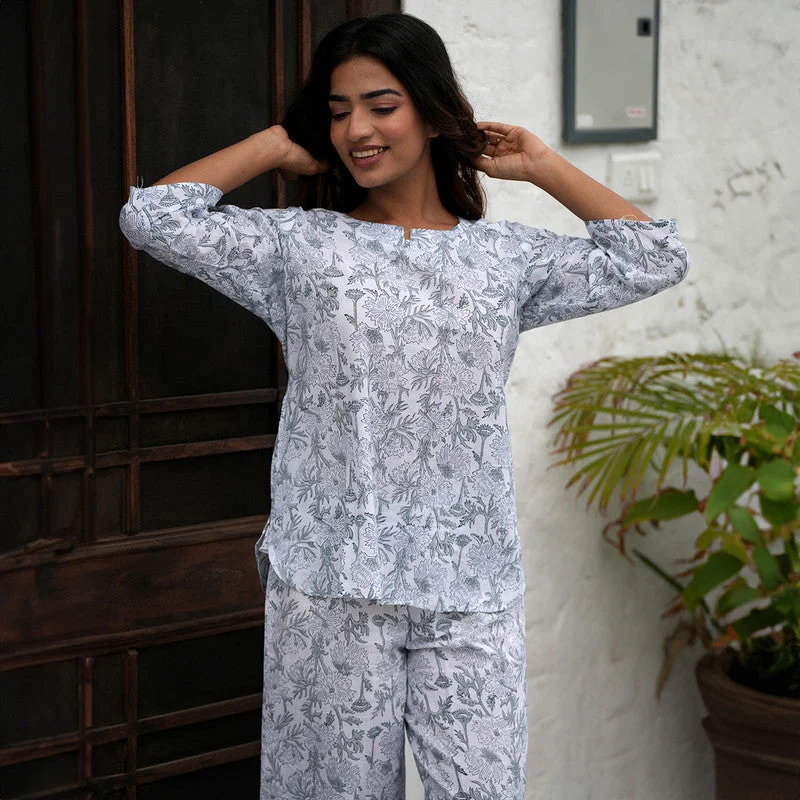 Cotton Night Suit for Women | Block Printed | White